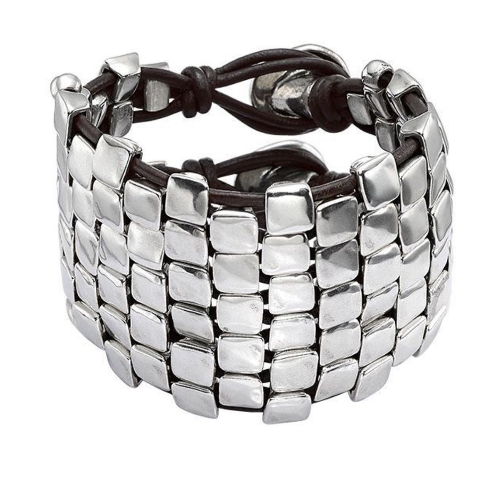 New Without Tags UNO de 50 Vintage Nailed Silver and Leather Beaded Bracelet